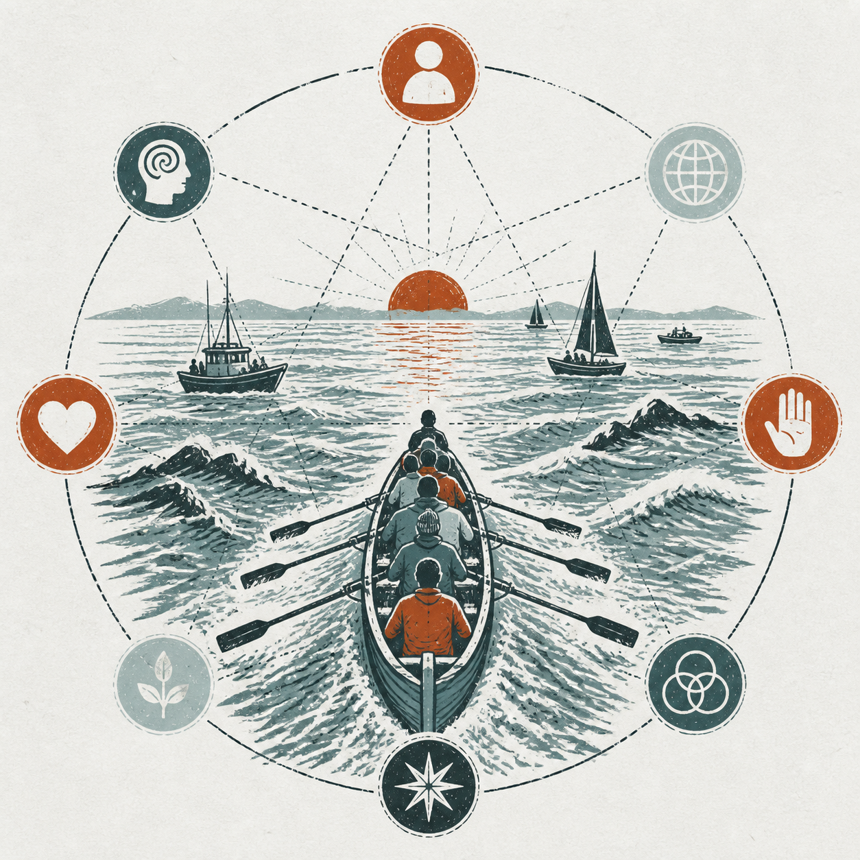 A boat carries an intact eight-point identity constellation across rough water toward the horizon and other boats, beyond two opposing buoys.