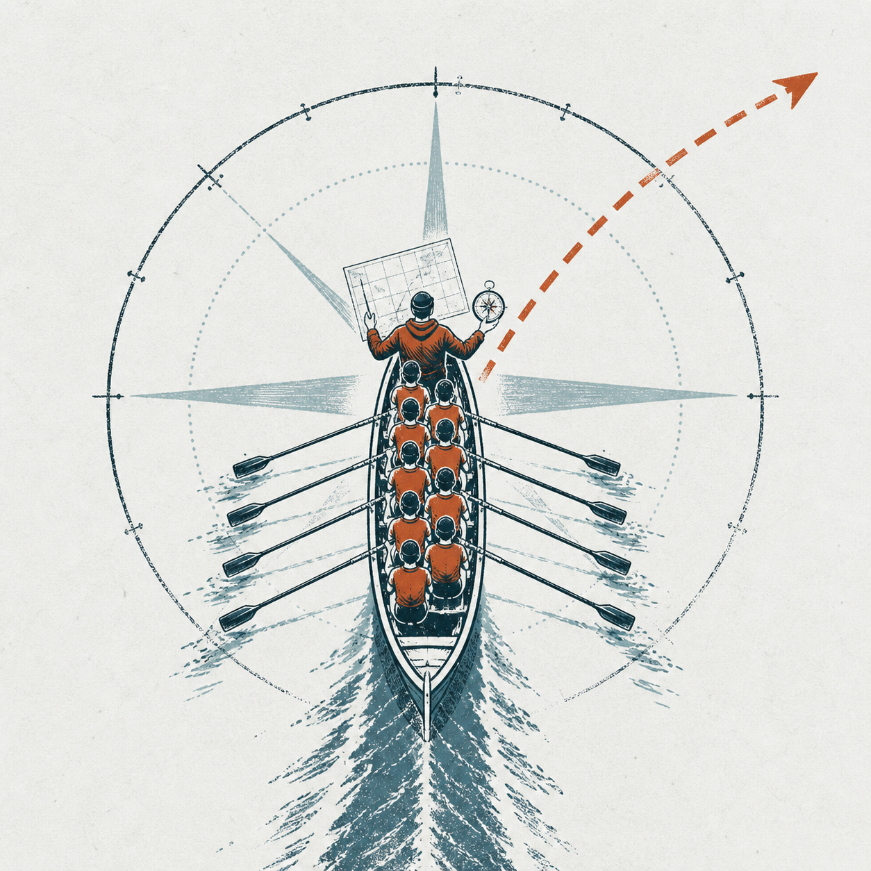 A Navigator uses a transparent chart and compass while the crew rows, with a solid completed wake and a new dashed course beginning at the boat.