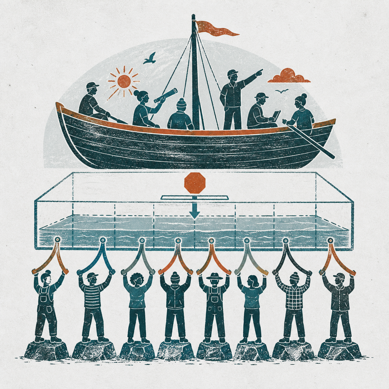 Eight distinct members support one shared boat while a modest membership token enters a transparent common ledger.