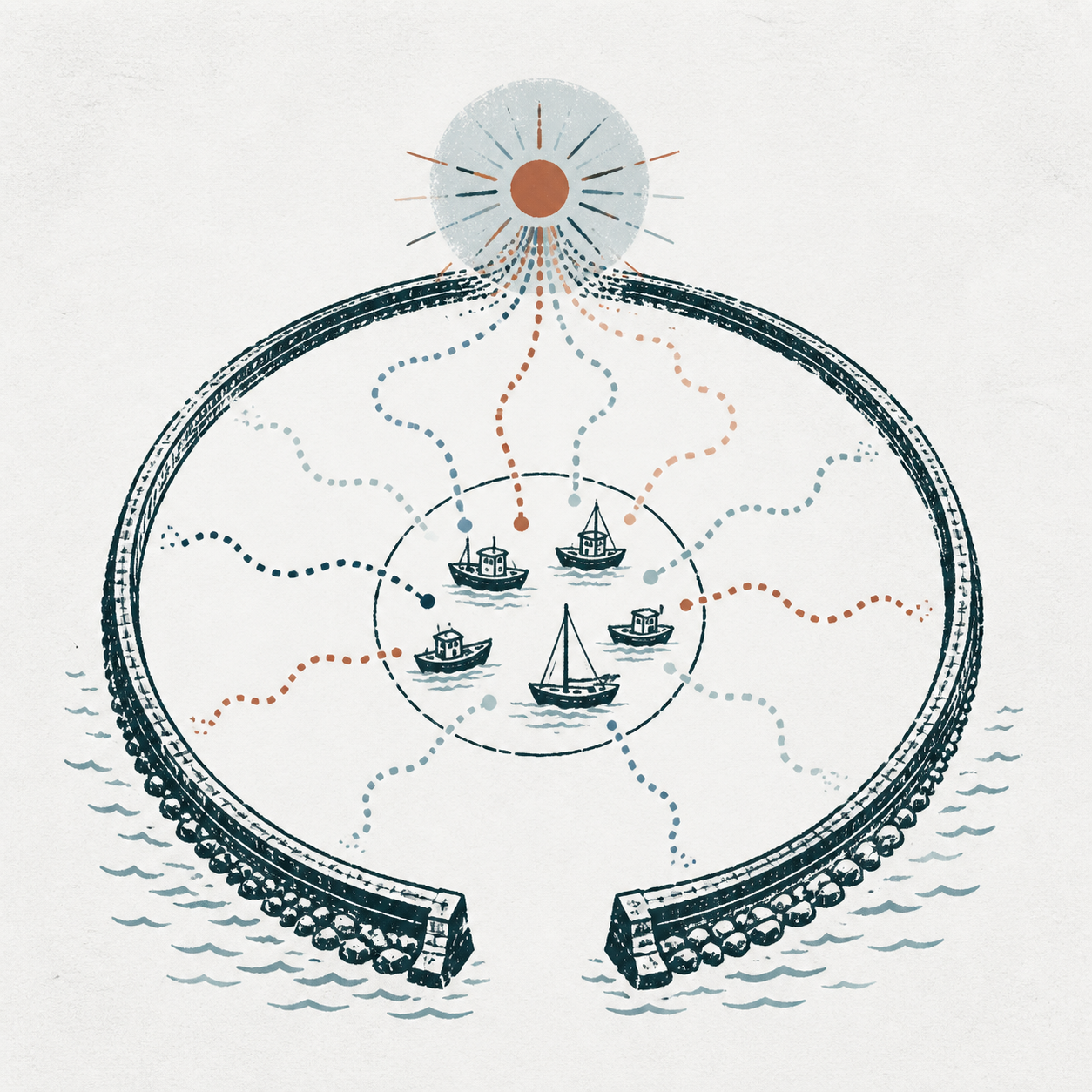A small circle of boats sits within a large harbor as individual idea trails dissolve at the boundary into one Harbor-attributed idea.