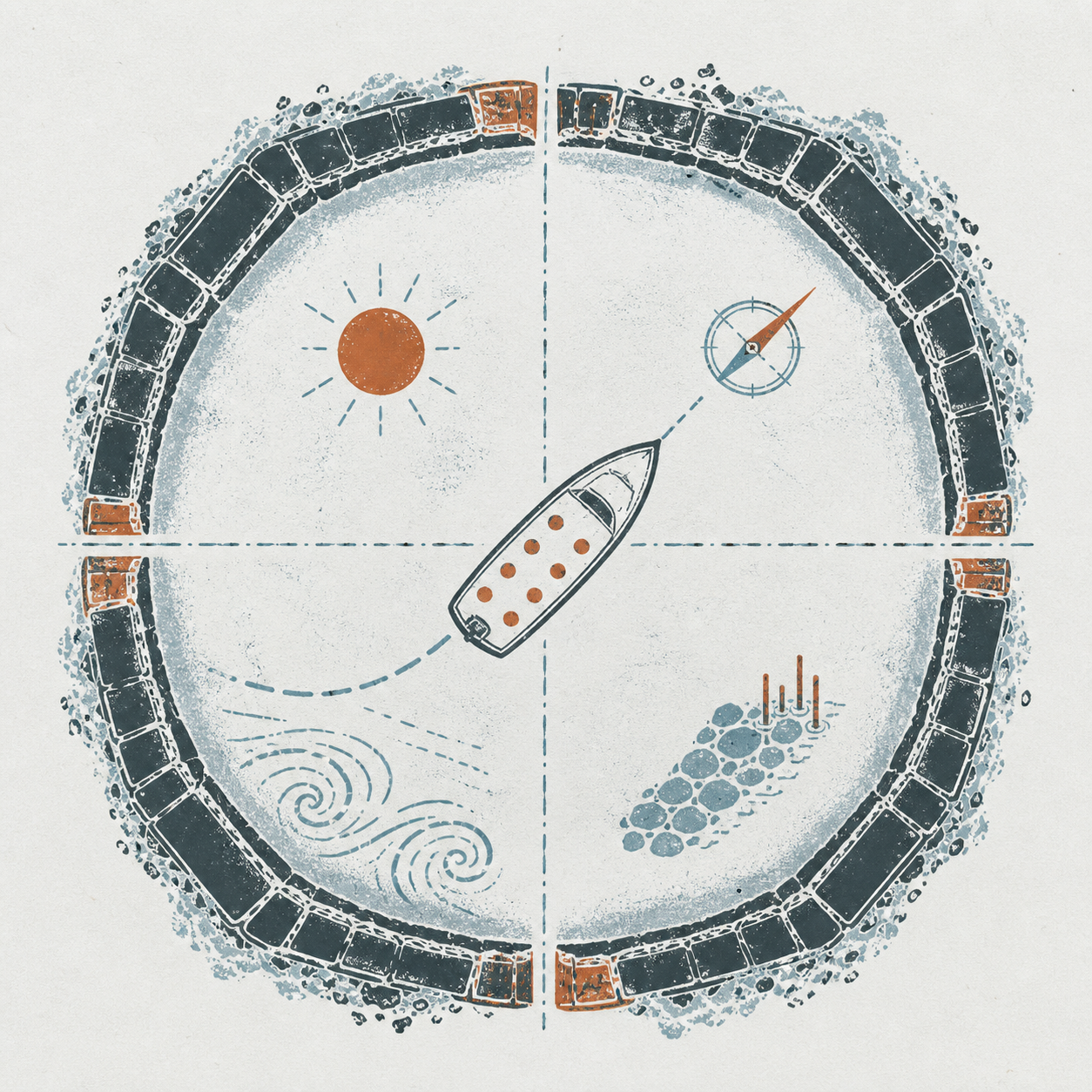 A breakwater encloses a boat carrying eight people while a compass aligns its course, arranged across the four-part Rough Harbors model.